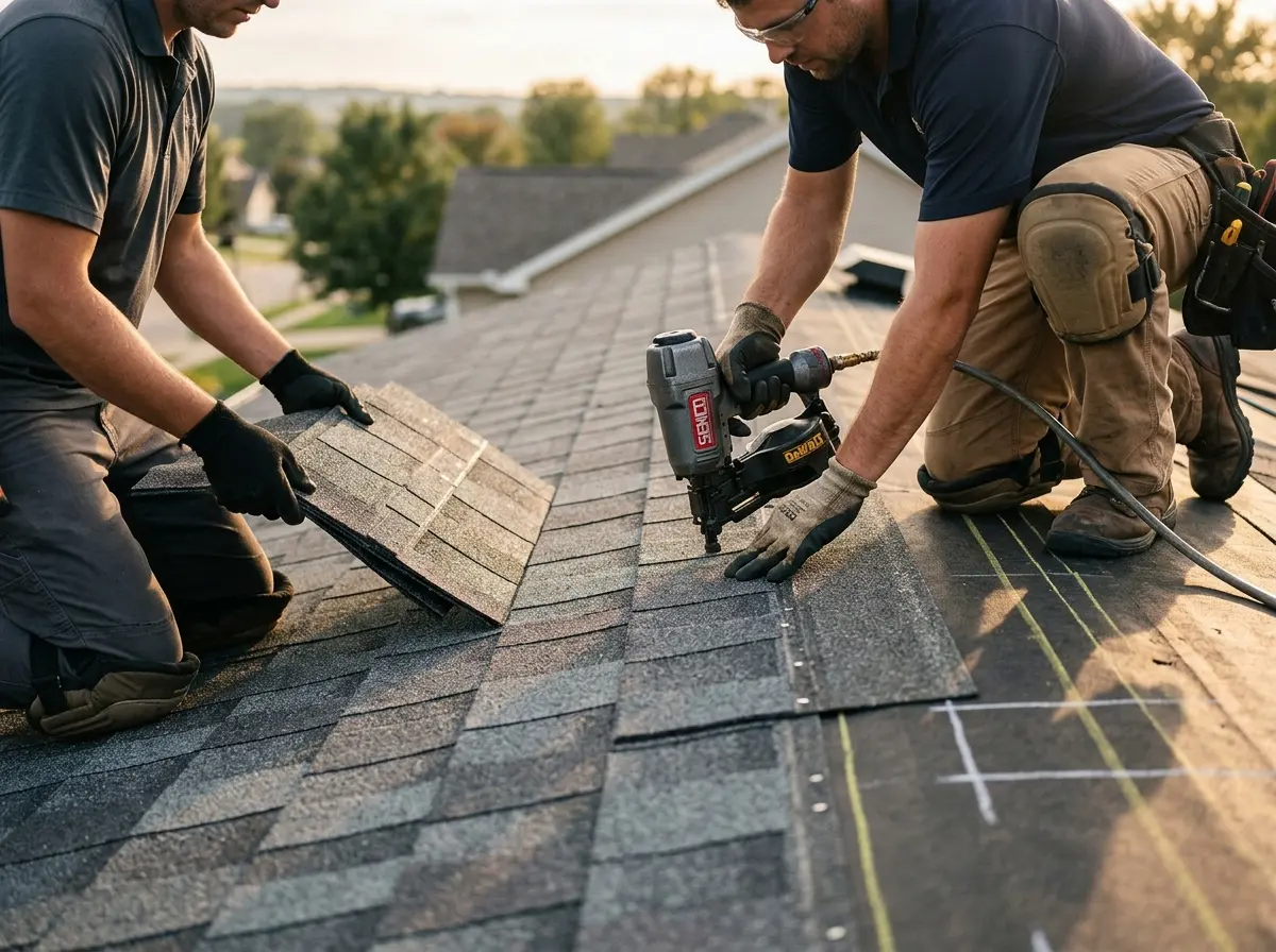 Professional roofer working on a residential roof in Gretna